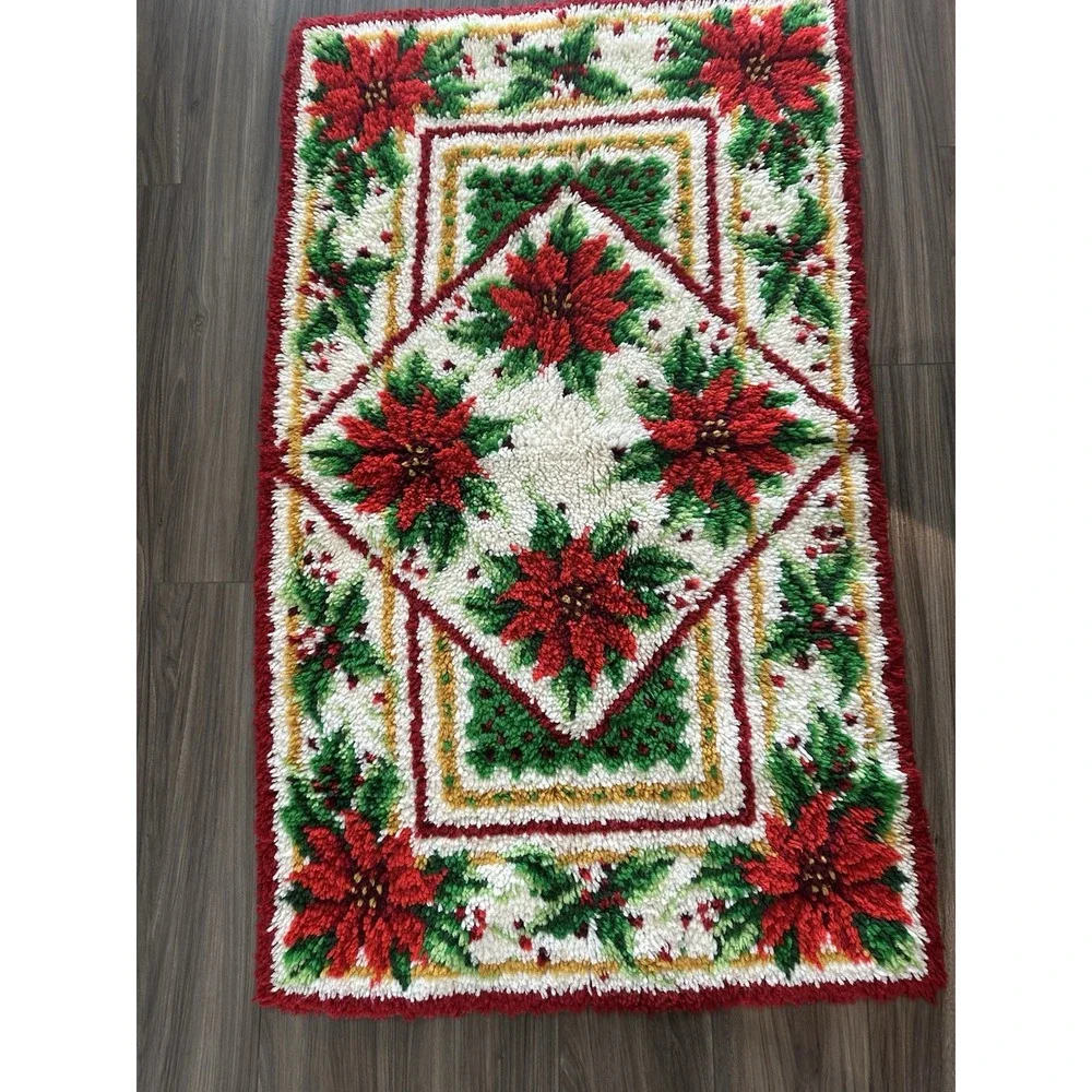 Vintage Christmas Poinsettia Latch Hook Wall Hanging Rug 53x31 Handmade 1970s